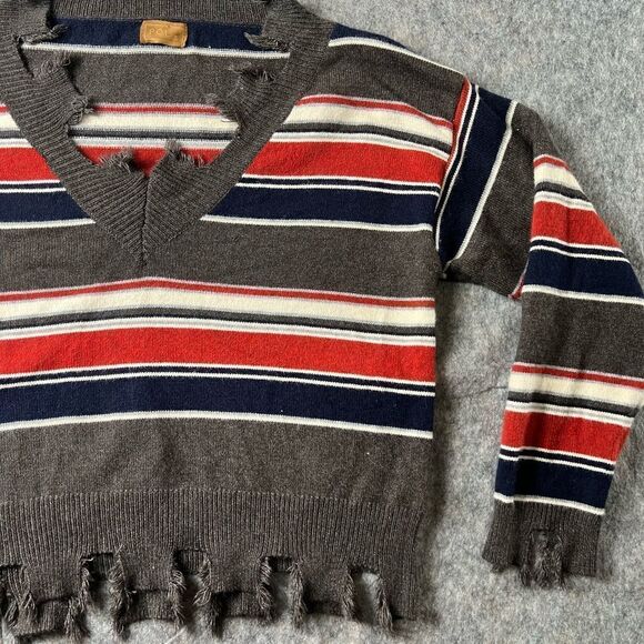POL Distressed Dropped Shoulder V-Neck Striped Sweater  Grey Red Blue S #123 - Picture 3 of 7